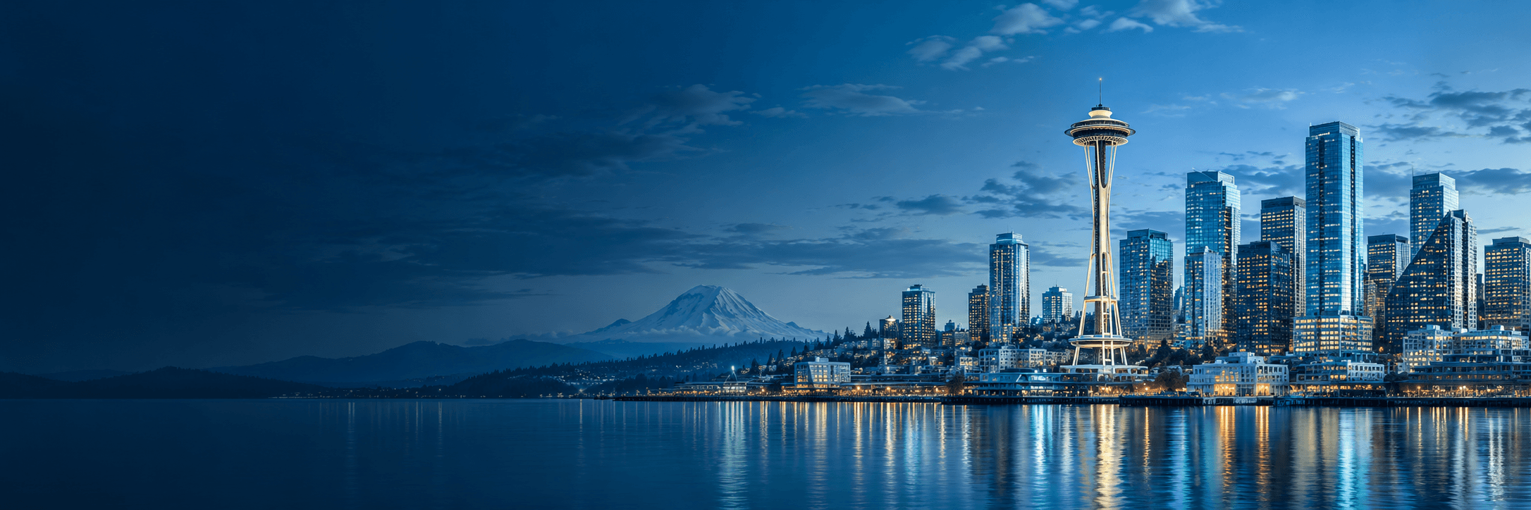 Seattle-inspired skyline artwork with glass towers, the Space Needle, and a cool blue waterfront